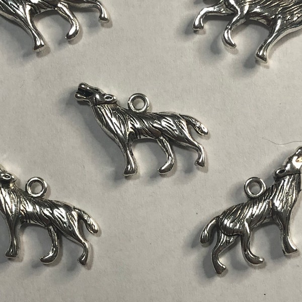 5 or 10 Wolf Double-Sided Charms - Silver Wolf Charms - Antique Silver Charms for Jewelry Making - 3D Charms - Animal Charms