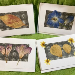 Cartes uniques faites à la main de 3,5 « x 5 » (ensemble de 4) - vraies fleurs/feuilles pressées avec fond en papier décoratif, sur une carte de note pliée et vierge.