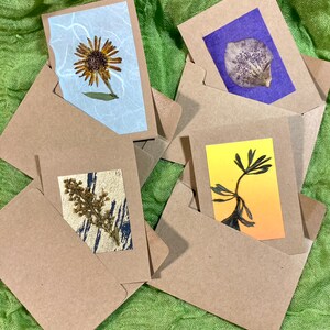 Cartes uniques faites à la main de 2,5 « x 3,5 » (ensemble de 4) - vraies fleurs/feuilles pressées avec fond en papier décoratif, sur une carte de notes plate et vierge.