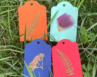 Handmade unique gift tags (set of 12) each with a real pressed flower or leaf. String included.