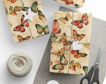 Papel de regalo con diseño de jardín de mariposas antiguo / Papel de regalo con encanto vintage / Papel efímero