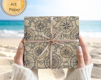 Papel de regalo con brújula náutica vintage / Papel de regalo artesanal con temática oceánica