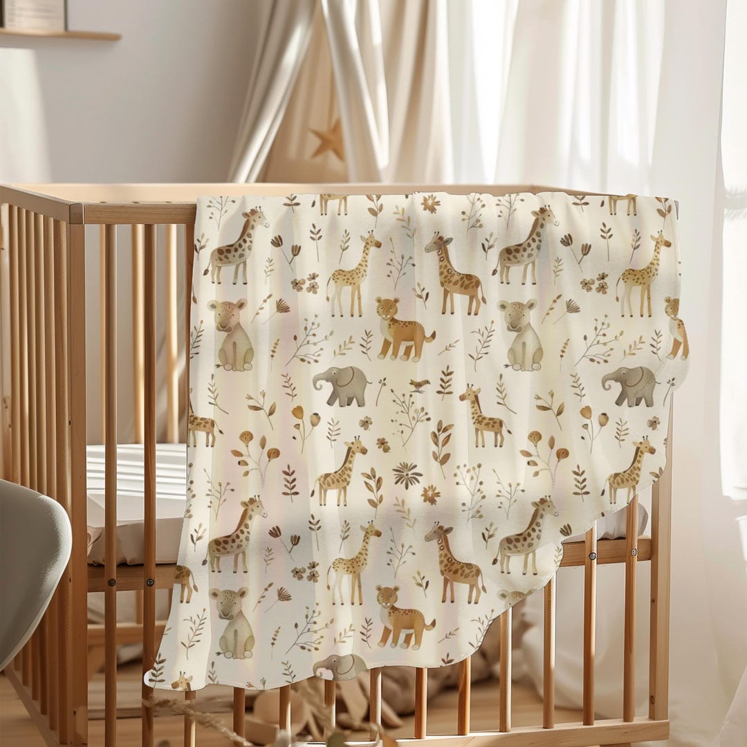 Neutral Safari Animals Baby Blanket | Giraffe Elephant Deer Pattern - Etsy