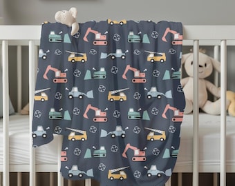 Baustellenfahrzeuge Babydecke | LKW, Bagger, Autos auf Navy
