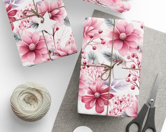 Gift Wrap Papers | Pink Floral and Pine Wrapping Paper | Holiday Gift Wrap, Birthday Wrapping Paper | Craft Paper,