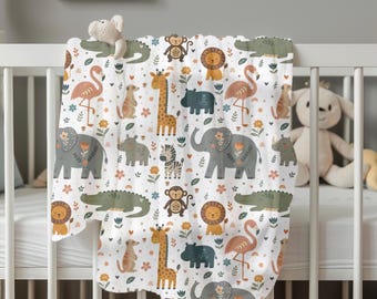 Woodland Safari Animals Baby Blanket | Elephant Lion Giraffe Crocodile