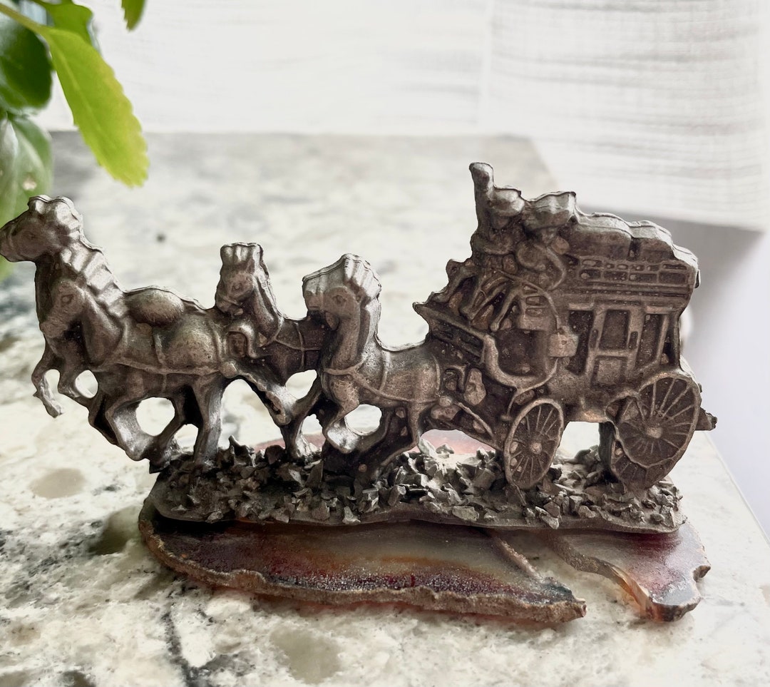 Vintage Stage Coach Covered Wagon Horse Pioneers Pewter on Agate Shelf ...