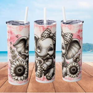 Tumbler, Elephant Face on Pink Vintage Background, Cute Skinny Cup for Animal Lovers, 20oz Travel Mug, Gift for Teens, Safari Adventure
