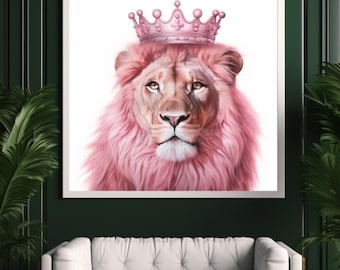 Majestic Pink Lion Portrait Art Poster or Canvas Wall Art for