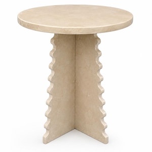 May include: A round side table crafted from beige stone with a smooth circular top. The base consists of two intersecting vertical panels featuring a distinct scalloped or wavy edge design along the outer sides, providing a stable foundation.
