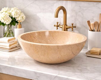 Handmade Marble Vessel Sink: 16" Round Stone Bowl, Stone Sink, Brown Sink for Bathroom, Countertop Sink