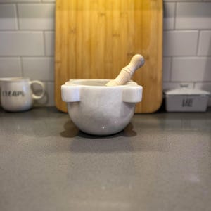 Mortar & Pestle, White Marble Mortar and Pestle, Handmade Mortar and Wooden Pestle, Apothecary, Spices and Herb, Stone Mortar and Pestle