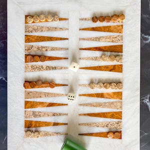 Marble Backgammon Set - Fossil Stone & Red Onyx Backgammon Board Game includes Gift Box, Modern Decor for Living Room, Coffee Table Decor