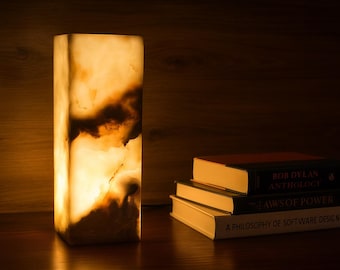 Lampe en onyx vert – Lampe de table artisanale en pierre naturelle de 12 po (4 x 4 x 12 po.) | Lampe d'accentuation en cristal à intensité variable, lampes de table, lampe de bureau, abat-jour