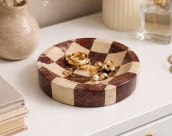 Handmade Checkered Marble Catchall Tray, Jewelry Organizer, Ring Dish