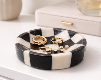 Handmade Marble Catchall Tray, Checkered Jewelry Organizer, Ring Dish, Beige Rossa Levanto or Black White Marble