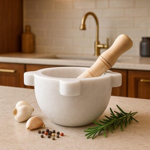 Mortar & Pestle, White Marble Mortar and Pestle, Handmade Mortar and Wooden Pestle, Apothecary, Spices and Herb, Stone Mortar and Pestle