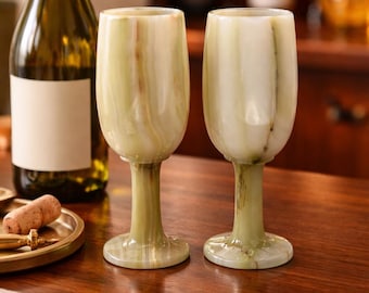 Conjunto de duas taças de ônix esculpidas à mão, taças de vinho em ônix verde natural, taças de xerez, copos de ônix, copos de dose em pedra, presente de boas-vindas, conjunto de 2