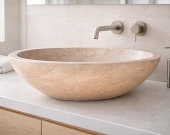 Pia de mármore Botticino creme feita à mão | Pia de luxo para banheiro | Pia de bancada em pedra natural 21x13x6