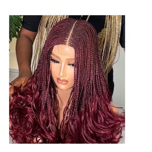 LUXURY silk braids with French curls, knotless wine cornrow braids, wigs for black women, Ready to ship, free shipping.