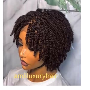 May include: A short, dark brown wig with tightly coiled curls. The wig is styled in a bob shape and has a lace front.