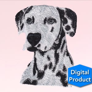 May include: Black and white embroidered design of a Dalmatian dog's head. The dog has a white background with black spots. The design is suitable for embroidery projects.