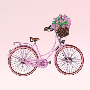 Pink Bicycle - Vintage Bicycle - Valentine's day - Cycle with Basket of Flowers - Machine Embroidery - Digital Designs - Instant Download