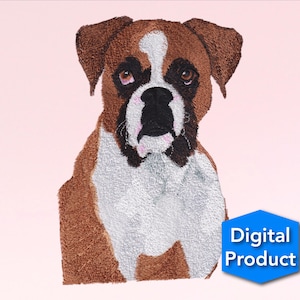 May include: Embroidered design of a brown and white boxer dog with a serious expression. The dog is looking directly at the viewer. The design is suitable for embroidery projects.