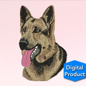 May include: Embroidered design of a German Shepherd dog with a brown and black coat, looking to the right with its tongue sticking out. The dog's eyes are brown and the background is pink.