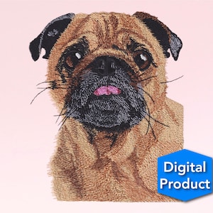 Puede incluir: Diseño bordado de un perro pug con pelaje marrón, nariz negra y una lengua rosa que sobresale. El perro está mirando directamente al espectador.