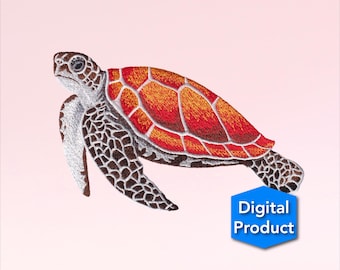 May include: Embroidered design of a sea turtle with a red and orange shell. The turtle is swimming to the right. The design is suitable for embroidery projects.