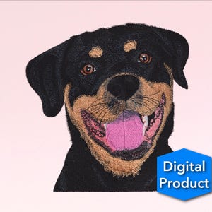 May include: Embroidered portrait of a Rottweiler dog with a happy expression. The dog has black fur with tan markings, brown eyes, and a pink tongue. A blue hexagon graphic with the words "Digital Product" is in the lower right corner.