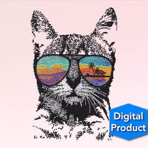 May include: Black and white embroidered image of a cat wearing sunglasses with a sunset reflected in the lenses. The text "Digital Product" is in a blue hexagon.