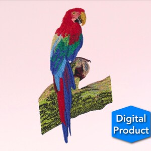 May include: Embroidered design of a red, blue, and green macaw perched on a branch. The macaw has a yellow beak and is facing to the right. The branch is green and brown.