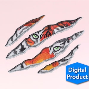 May include: Four tiger claw-shaped patches with orange, black and white stripes. Each patch has a green eye and a white background.