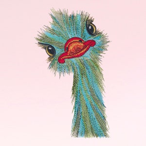 May include: Close-up of an embroidered ostrich head with blue and green feathers, red beak, and black eyes. The ostrich is looking to the side with a curious expression.