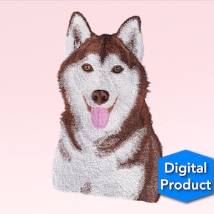 Puede incluir: Diseño bordado de un perro husky marrón y blanco con la lengua rosa que sobresale. El perro está mirando directamente al espectador. El diseño está sobre un fondo rosa. Producto digital.
