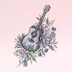 Guitar Logo - Embroidered Guitar with Flowers - Machine Embroidery - Digital Designs - Instant Download