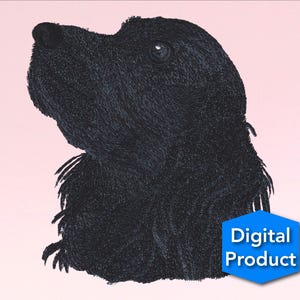 以下が含まれることがあります： 上を見上げる犬の頭部の白黒のデジタルイラスト。犬はふわふわの黒い毛皮と長い鼻を持っています。背景は薄いピンク色です。