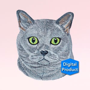 Könnte beinhalten: Stickdatei eines grauen Katers mit grünen Augen. Der Kater schaut direkt auf den Betrachter. Das Design ist für Stickprojekte geeignet.