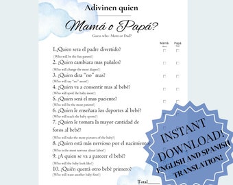 Könnte beinhalten: Eine blaue und weiße druckbare Spielkarte mit dem Text "Adivinen quien Mama o Papa?"  Erraten Sie, wer - Mama oder Papa?  Die Spielkarte enthält 10 Fragen in Spanisch und Englisch mit Kontrollkästchen für Mama oder Papa.  Die Karte hat einen blauen Stern mit dem Text "Sofortiger Download! Englische und spanische Übersetzung!"