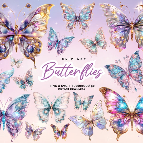 3D Pastel Fairy Butterflies Clip Art, Glitter Butterflies Clipart, illustrations, scrapbook embellishments. Commercial use PNG SVG JPG