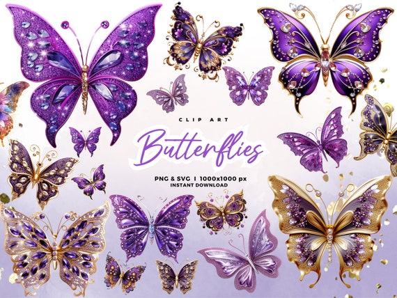 3D Purple Sparkling Butterflies Clip Art, Glitter Butterflies Clipart, illustrations, scrapbook embellishments. Commercial use PNG SVG JPG