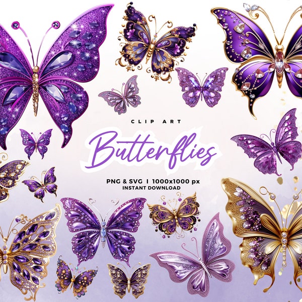 3D Purple Sparkling Butterflies Clip Art, Glitter Butterflies Clipart, illustrations, scrapbook embellishments. Commercial use PNG SVG JPG