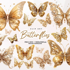 3D Gold Sparkling Butterflies Clip Art, Glitter Butterflies Clipart, ilustrações, enfeites de álbum de recortes. Uso comercial PNG SVG JPG
