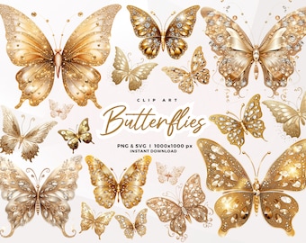 3D Gold Sparkling Butterflies Clip Art, Glitter Butterflies Clipart, illustrations, scrapbook embellishments. Commercial use PNG SVG JPG