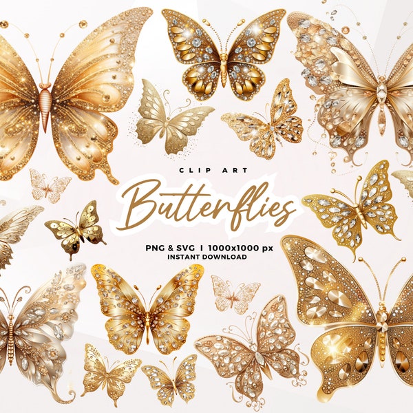 3D Gold Sparkling Butterflies Clip Art, Glitter Butterflies Clipart, illustrations, embellissements de scrapbook. Utilisation commerciale PNG SVG JPG