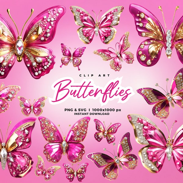 3D Hot Pink Gold Sparkling Butterflies Clip Art, Glitter Butterflies Clipart, illustrations, scrapbook, embellishments, Fuchsia Butterflies