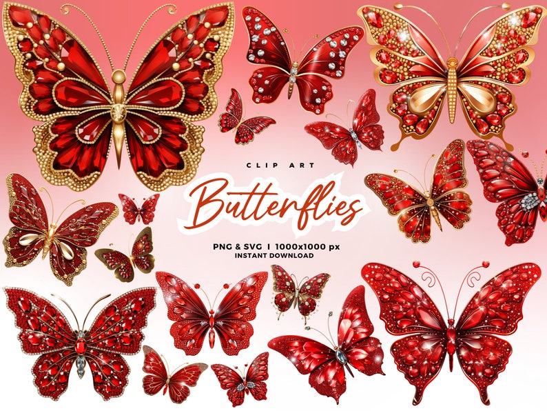 3D Red Gold Sparkling Butterflies Clip Art, Glitter Butterflies Clipart