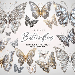 3D Silver Sparkling Butterflies Clip Art, Glitter Butterflies Clipart, ilustracje, ozdoby do scrapbooków. Komercyjne wykorzystanie PNG SVG JPG